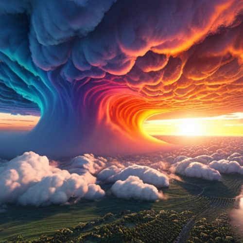 Home 11 **Weather Simulation:** "A vibrant, detailed visualization of a weather simulation with swirling clouds, colorful temperature gradients, and data streams, showcasing accurate weather prediction."