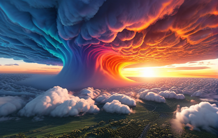 **Weather Simulation:** "A vibrant, detailed visualization of a weather simulation with swirling clouds, colorful temperature gradients, and data streams, showcasing accurate weather prediction."