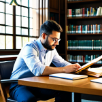 A professional physicist, a man in his early 30s, dressed in a modest business casual outfit including a collared shirt and professional trousers, sitting thoughtfully at a large wooden desk in a well-lit, contemporary university library. He is surrounded by open textbooks on theoretical physics and a high-resolution tablet displaying intricate scientific diagrams and equations. The background shows rows of organized bookshelves and the warm glow of natural light filtering through large windows, creating an atmosphere of intellectual pursuit. The subject is in a natural pose, fully clothed, appropriate attire, safe for work, appropriate content, professional. perfect anatomy, correct proportions, well-formed hands, proper finger count, natural body proportions, professional photography, cinematic lighting, high quality.