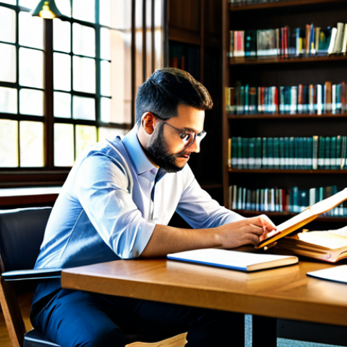 Home 6 A professional physicist, a man in his early 30s, dressed in a modest business casual outfit including a collared shirt and professional trousers, sitting thoughtfully at a large wooden desk in a well-lit, contemporary university library. He is surrounded by open textbooks on theoretical physics and a high-resolution tablet displaying intricate scientific diagrams and equations. The background shows rows of organized bookshelves and the warm glow of natural light filtering through large windows, creating an atmosphere of intellectual pursuit. The subject is in a natural pose, fully clothed, appropriate attire, safe for work, appropriate content, professional. perfect anatomy, correct proportions, well-formed hands, proper finger count, natural body proportions, professional photography, cinematic lighting, high quality.