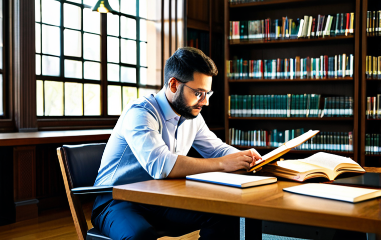 A professional physicist, a man in his early 30s, dressed in a modest business casual outfit including a collared shirt and professional trousers, sitting thoughtfully at a large wooden desk in a well-lit, contemporary university library. He is surrounded by open textbooks on theoretical physics and a high-resolution tablet displaying intricate scientific diagrams and equations. The background shows rows of organized bookshelves and the warm glow of natural light filtering through large windows, creating an atmosphere of intellectual pursuit. The subject is in a natural pose, fully clothed, appropriate attire, safe for work, appropriate content, professional. perfect anatomy, correct proportions, well-formed hands, proper finger count, natural body proportions, professional photography, cinematic lighting, high quality.