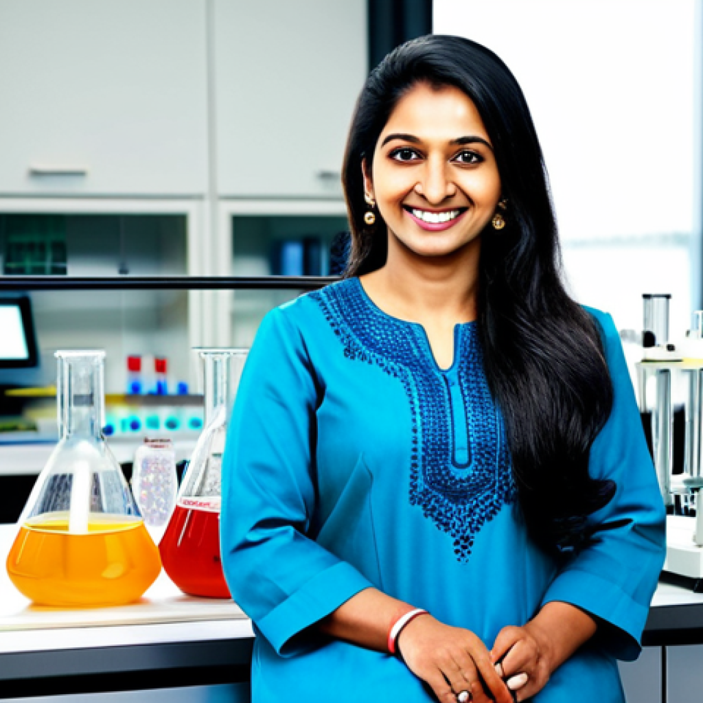 **

"A professional Indian woman in a modest, brightly colored salwar kameez, smiling confidently in a modern science lab, surrounded by beakers and scientific equipment, fully clothed, appropriate attire, safe for work, perfect anatomy, natural proportions, professional photography, high quality, family-friendly."

**