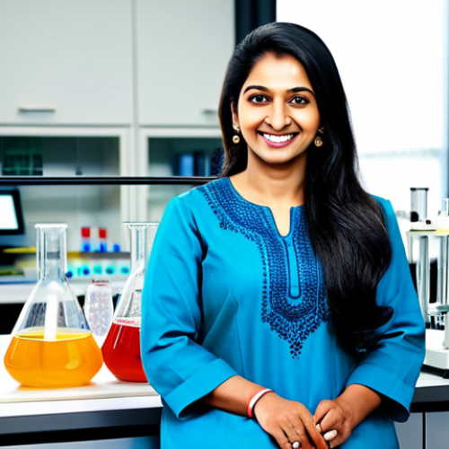 Home 7 **
"A professional Indian woman in a modest, brightly colored salwar kameez, smiling confidently in a modern science lab, surrounded by beakers and scientific equipment, fully clothed, appropriate attire, safe for work, perfect anatomy, natural proportions, professional photography, high quality, family-friendly."
**