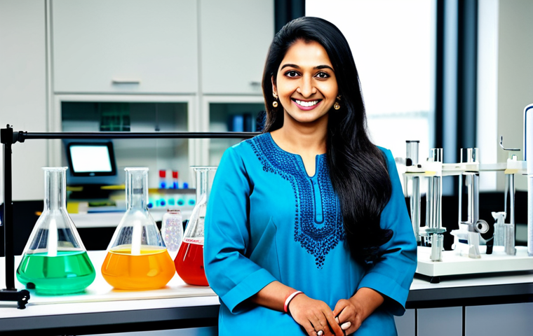 **
"A professional Indian woman in a modest, brightly colored salwar kameez, smiling confidently in a modern science lab, surrounded by beakers and scientific equipment, fully clothed, appropriate attire, safe for work, perfect anatomy, natural proportions, professional photography, high quality, family-friendly."
**