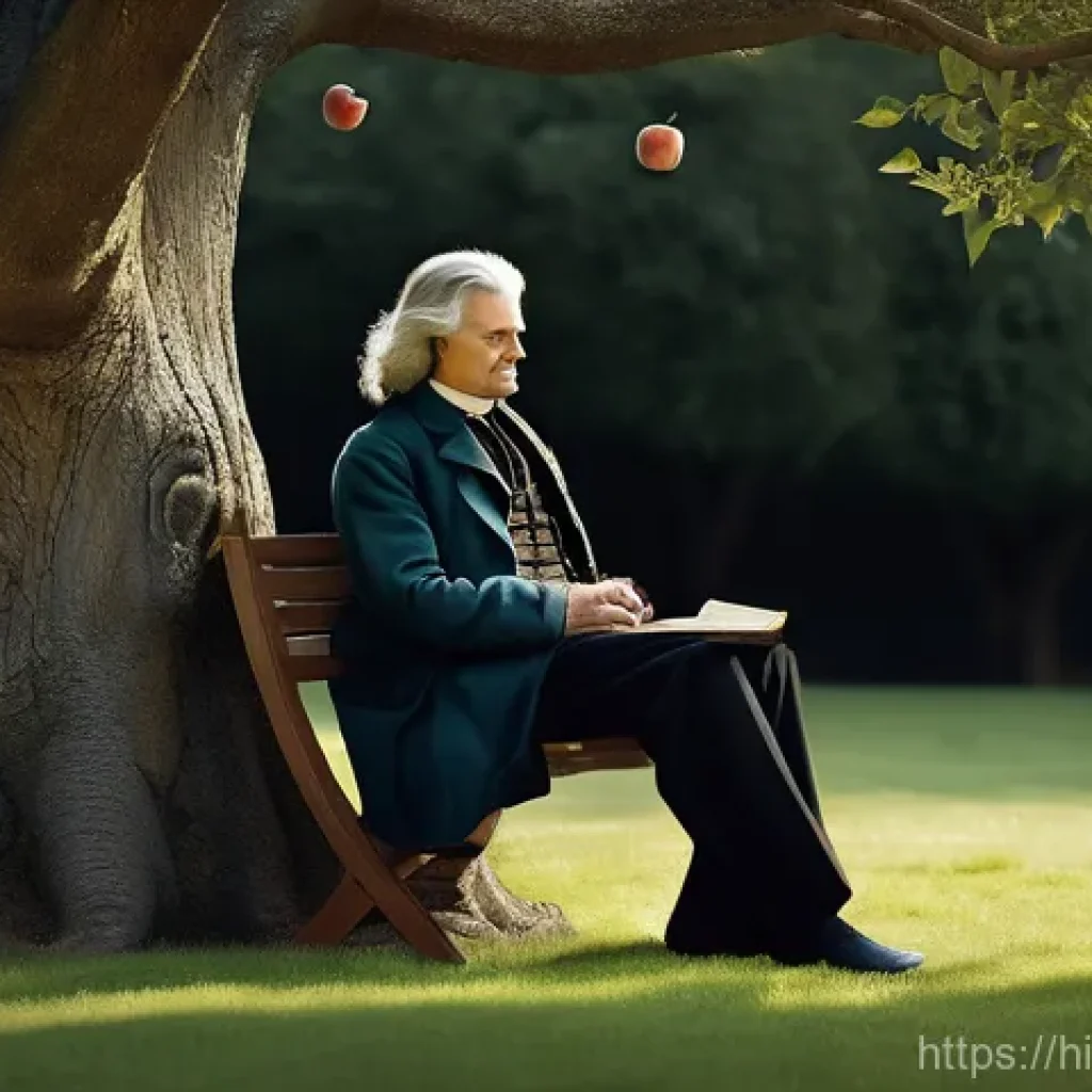 물리학의 주요 법칙과 원리 - **Gravity's Gentle Embrace:** A serene, academic illustration featuring Sir Isaac Newton, a distingu...