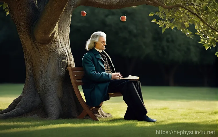 물리학의 주요 법칙과 원리 - **Gravity's Gentle Embrace:** A serene, academic illustration featuring Sir Isaac Newton, a distingu...