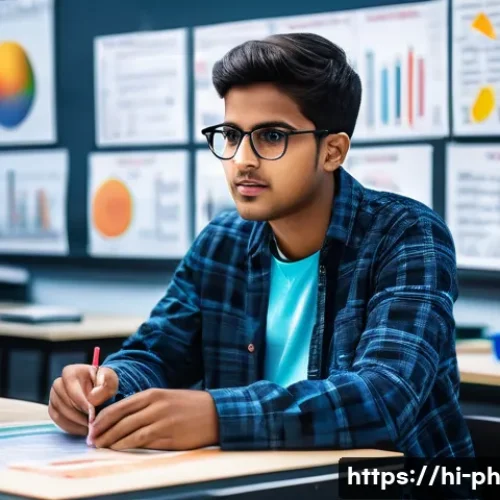 물리학 관련 멘토링 기회 - A focused young Indian student wearing casual modest clothing and glasses, sitting attentively in a ...