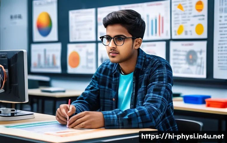 물리학 관련 멘토링 기회 - A focused young Indian student wearing casual modest clothing and glasses, sitting attentively in a ...