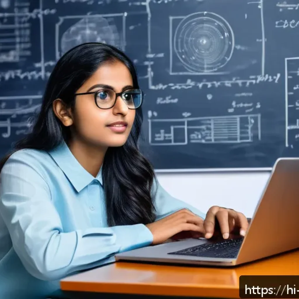 물리학 이직 준비 체크리스트 - A focused young Indian professional woman sitting at a modern desk, learning physics through an onli...