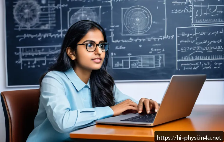 물리학 이직 준비 체크리스트 - A focused young Indian professional woman sitting at a modern desk, learning physics through an onli...